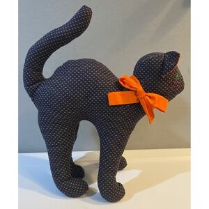 Handmade Vintage Style Black Calico Cat Plush Halloween Decor Orange Bow 14"